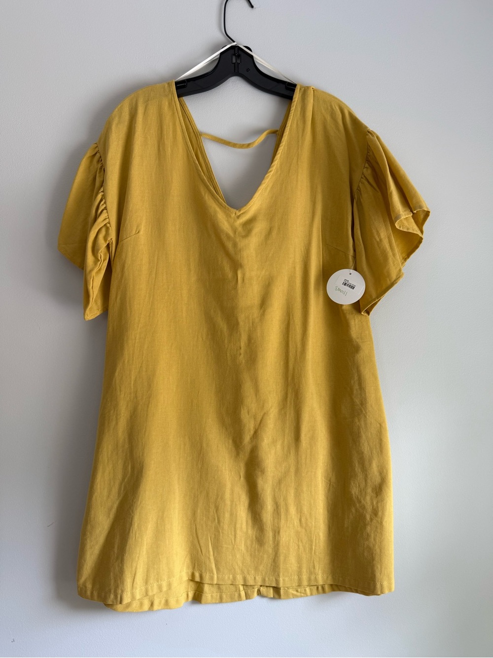 Umgee Mustard Yellow V-Neck Short Ruffle Sleeve Dress